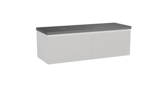 Balmani Fila hängendes Möbelstück Set: 150 x 55 cm, Weiß matt, mit Rock Doppel Waschtischplatte, Granit, Schwarzes Granit, Vertikale symmetrische gerade Rippe