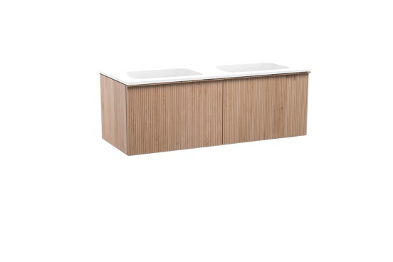 Balmani Forma zwevend badkamermeubel 135 x 55 cm natuur eik met Tablo Strada dubbele wastafel in composietmarmer mat wit, Verticale symmetrische rechte ribbel