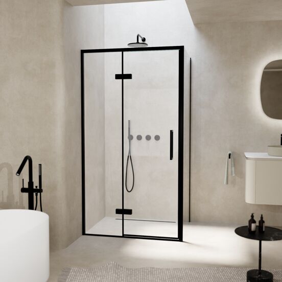 Balmani Senses Design douche en coin avec porte pivotante à gauche et paroi latérale fixe, 100 x 100 cm, Verre transparent, Profil noir