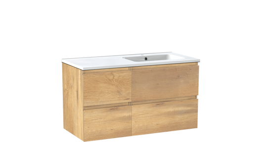 Linie Lado zwevend badmeubel 100 x 46 cm naturel eiken met Vano asymmetrisch rechtse wastafel in composietmarmer hoogglans wit