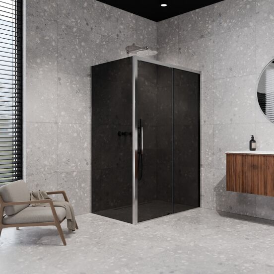 Balmani Senses Design Eckdusche: Schiebetür (Rechts) mit fixierte Seitenwand, 160 x 100 cm, Rauchglas, Profil Chrom glänzend