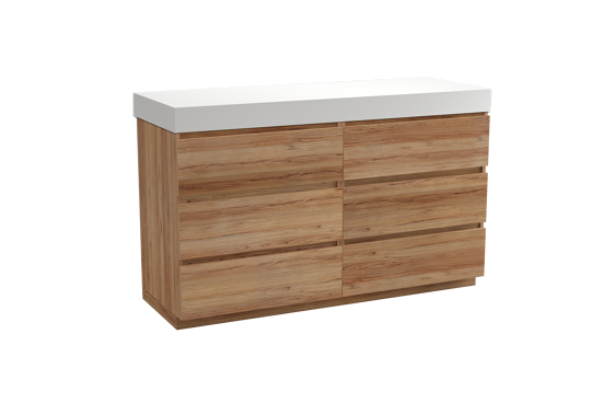 Balmani Lucida staand badkamermeubel 150 x 55 cm teak met Dominus enkel of dubbel tablet in solid surface mat wit
