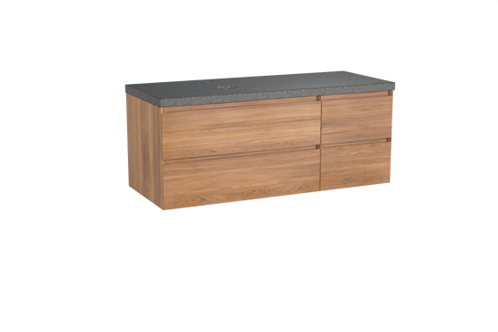 Balmani Mitra hängendes Möbelstück Set: 135 x 55 cm, Teak, mit Rock Waschtisch rechts, Schwarzes Granit