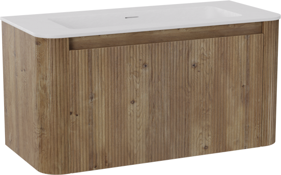 Storke Soft hängendes Möbelstück Set: 100 x 46 cm, Eiche rau, mit Mata Soft Einzelwaschtisch Solid Surface Weiβ matt, Vertikale symmetrische gerade Rippe