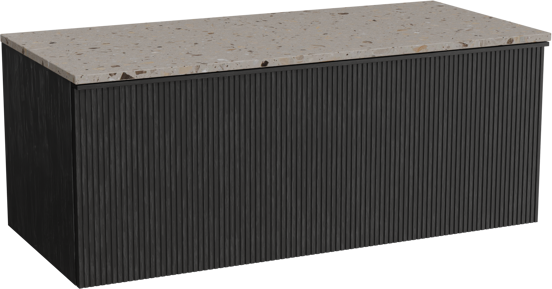 Balmani Forma hängendes Möbelstück Set: 120 x 55 cm, Schwarze Eiche, mit Stretto Einzel- oder Doppel Waschtischplatte, Terrazzo in Greige, Vertikale symmetrische gerade Rippe
