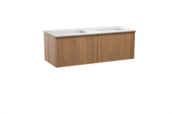 Balmani Forma zwevend badkamermeubel 135 x 55 cm teak met Tablo Arcato dubbele wastafel in solid surface mat wit, Verticale symmetrische rechte ribbel