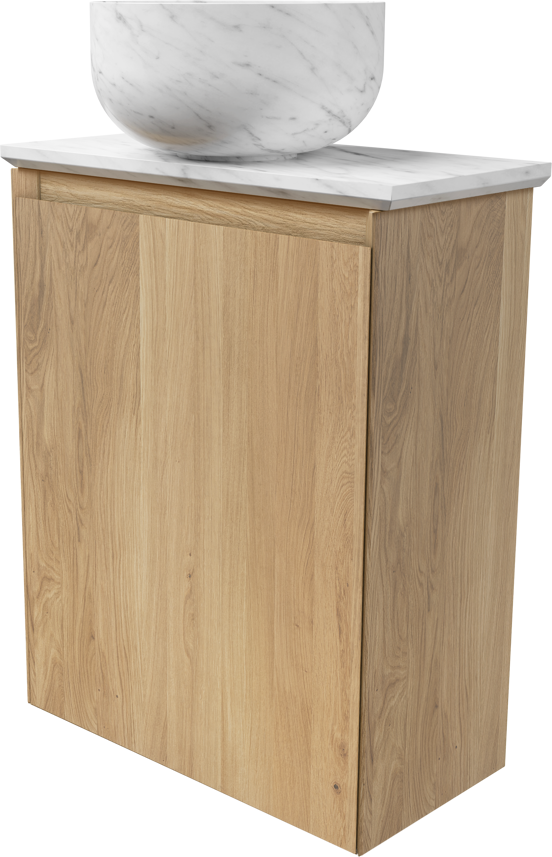 Balmani Mitra zwevend toiletmeubel 42 x 21 cm naturel eiken met Facetta wastafelblad en Bowl waskom in Carrara marmer