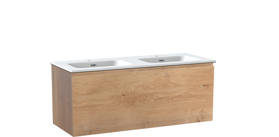 Linie Lado meuble salle de bains suspendu 120 x 46 cm chêne naturel avec Baro double vasque en porcelaine blanc mat