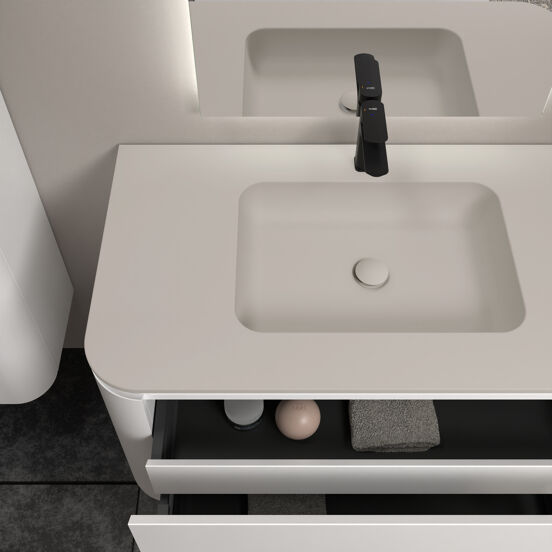 Balmani Moon meuble salle de bains suspendu 130 x 55 cm blanc mat avec Moon plan simple en top solid soie grise