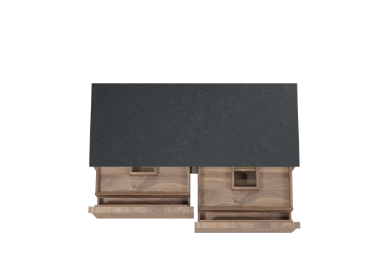 Balmani Forma hängendes Möbelstück Set: 135 x 55 cm, Amerikanischer Nussbaum, mit Stretto Einzel- oder Doppel Waschtischplatte, Granit, Schwarzes Granit, Horizontale symmetrische gerade Rippe