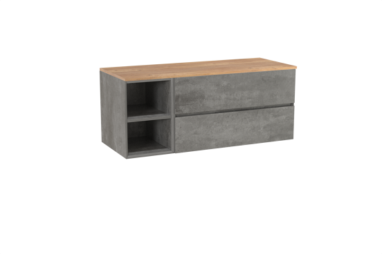 Storke Edge zwevend badkamermeubel 130 x 52 cm beton donkergrijs met Panton enkel of dubbel tablet in melamine ruwe eik