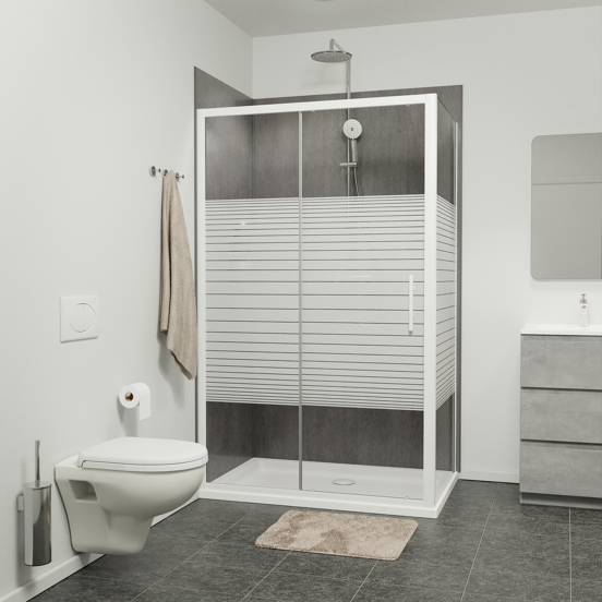 SanyOne Anton douchecabine met schuifdeur en vaste zijwand, 120 x 80 cm, gestreept glas, witte profielen