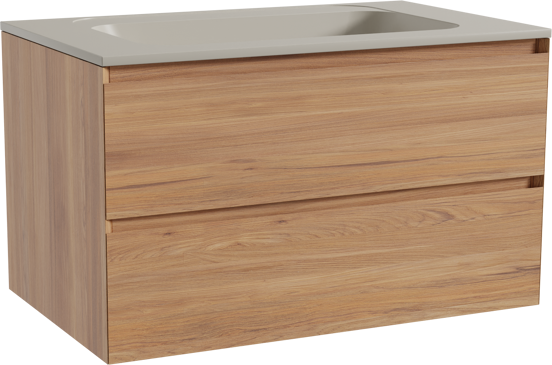 Balmani Mitra hängendes Möbelstück Set: 90 x 55 cm, Teak, mit Tablo Strada Einzelwaschtisch, Marmorkomposit Seidengrau