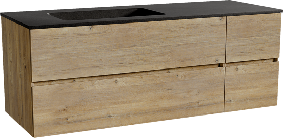 Storke Edge meuble salle de bains suspendu 140 x 52 cm chêne brut avec Scuro vasque asymétrique gauche en quartz noir mat