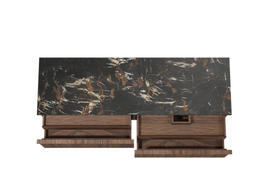Balmani Forma zwevend badkamermeubel 180 x 55 cm amerikaanse notelaar met Stretto enkel of dubbel tablet in marmer portoro gold, Verticale symmetrische rechte ribbel