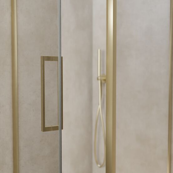 Balmani Senses Design douche en coin avec porte pivotante à gauche et paroi latérale fixe, 90 x 90 cm, Verre transparent, Profil Brushed Champagne Gold