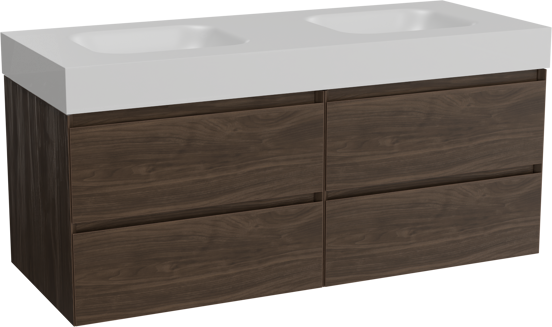 Balmani Mitra hängendes Möbelstück Set: 135 x 55 cm, Amerikanischer Nussbaum, mit Arcato Doppelwaschtisch, Solid Surface Weiß matt