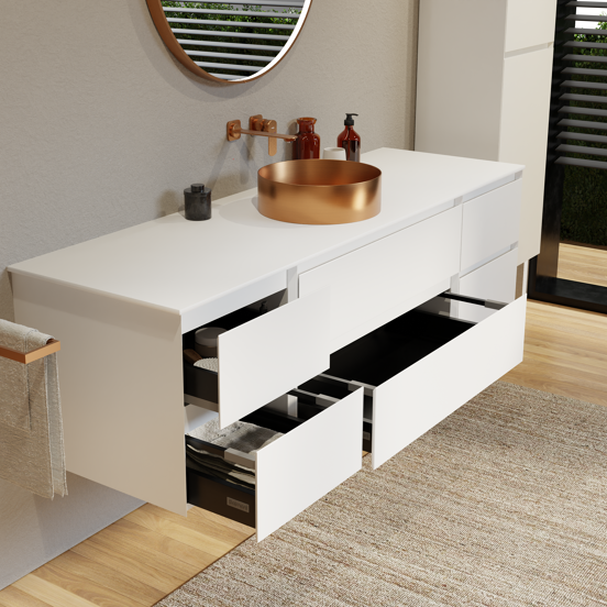 Balmani Mitra zwevend badkamermeubel 180 x 55 cm mat wit met Stretto enkel of dubbel tablet in solid surface mat wit