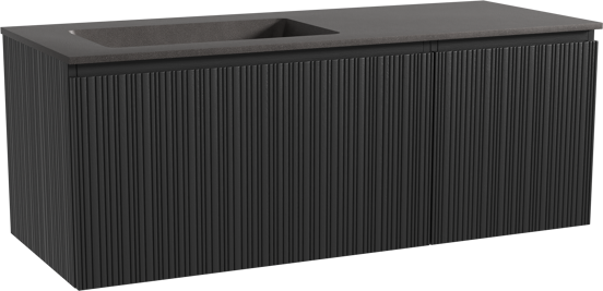 Storke Ribs zwevend badmeubel 130 x 52 cm zwart eiken met Scuro asymmetrisch linkse wastafel in kwarts mat zwart, Verticale asymmetrische rechte ribbel