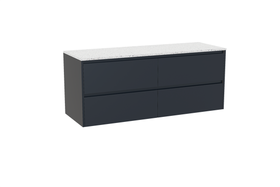 Storke Seda meuble salle de bains suspendu 150 x 52 cm bleu nuit avec Tavola tablette simple ou double en blanc/noir mat terrazzo