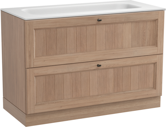 Balmani Lemon freistehendes Möbelstück Set: 120 x 55 cm, Verwitterte Eiche, mit Tablo Arcato Einzelwaschtisch für 2 Armaturenlöcher, Solid Surface Weiß matt