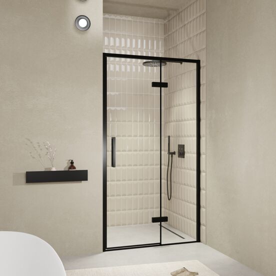 Balmani Senses Design douche draaideur rechts 120 cm x 210 cm Helder glas, Zwarte profielen, met coating