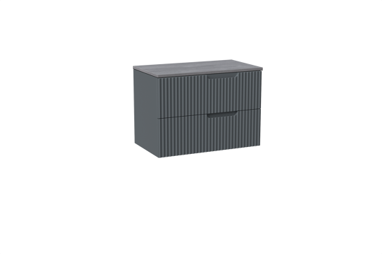 Linie Ribbo meuble salle de bains suspendu 80 x 46 cm bleu anthracite avec Lado tablette simple en mélaminé béton gris foncé, Nervure circulaire symétrique verticale
