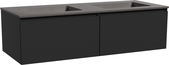 Storke Edge zwevend badmeubel 130 x 52 cm mat zwart met Scuro dubbele wastafel in kwarts mat zwart