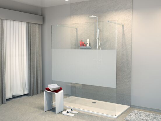 Balmani Modular Walk-In-Dusche mit freistehender Wand 180 x 200 cm, Klarglas mit mattiertem Streifen, Profil chrom glänzend