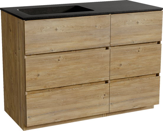 Storke Edge freistehendes Möbelstück Set: 110 x 52 cm, Rohe Eiche, mit Scuro Waschtisch links, Quarz Schwarz matt