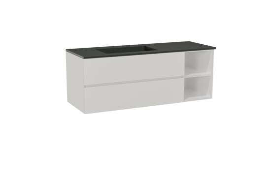 Storke Edge zwevend badmeubel 140 x 52 cm hoogglans wit met Scuro asymmetrisch linkse wastafel in kwarts mat zwart