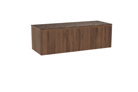 Balmani Fila zwevend badkamermeubel 150 x 55 cm notelaar met Stretto enkel of dubbel tablet in marmer dark emperador, Verticale symmetrische rechte ribbel