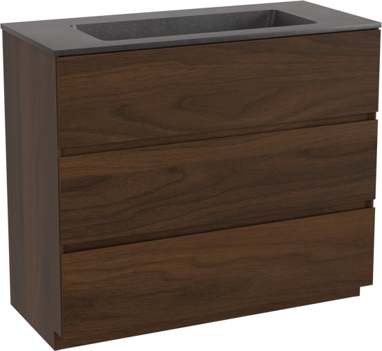 Storke Edge freistehendes Möbelstück Set: 100 x 46 cm, Nussbaum, mit Scuro Einzelwaschtisch, Quarz Schwarz matt