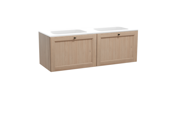 Balmani Lemon hängendes Möbelstück Set: 150 x 55 cm, Verwitterte Eiche, mit Tablo Strada Doppelwaschtisch, Marmorkomposit Weiß matt