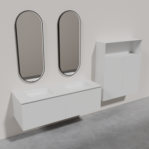 Balmani Fila meuble salle de bains suspendu 150 x 55 cm blanc mat avec Tablo Arcato double vasque en solid surface blanc mat, Secret Black miroir ovale et Fila colonne salle de bains