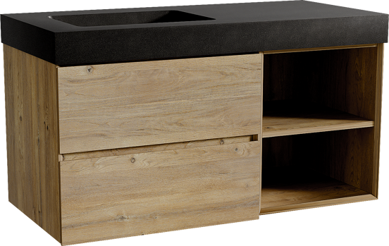 Storke Edge meuble salle de bains suspendu 110 x 52 cm chêne brut avec Scuro High plan vasque asymétrique à gauche en quartz noir mat