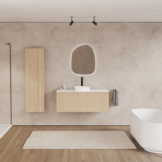 Balmani Fila meuble salle de bains suspendu 120 x 55 cm chêne naturel avec Stretto tablette simple ou double en solid surface blanc mat, Nervure droite symétrique verticale