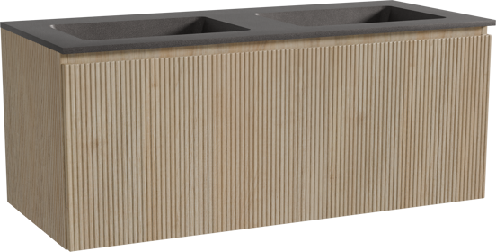Storke Ribs hängendes Möbelstück Set: 120 x 52 cm, Rohe Eiche, mit Scuro Doppelwaschtisch, Quarz, Schwarz matt, Vertikale symmetrische gerade Rippe