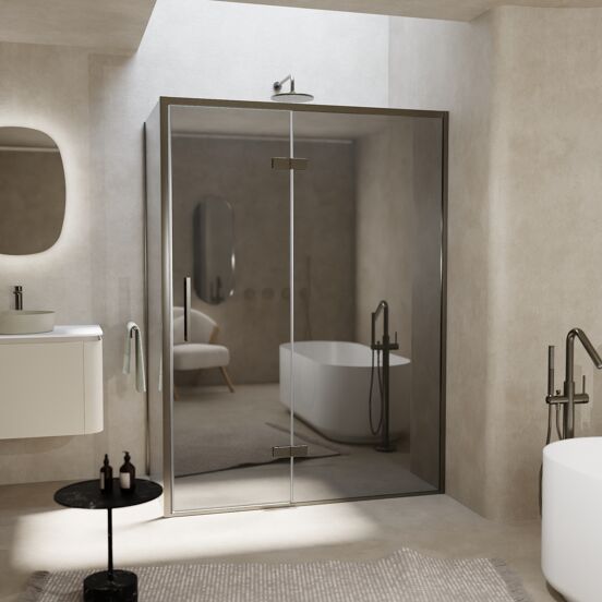 Balmani Senses Design douche d'angle avec porte pivotante à droite et paroi latérale fixe, 140 x 90 cm, Verre miroir reflex, Profil Brushed GunMetal