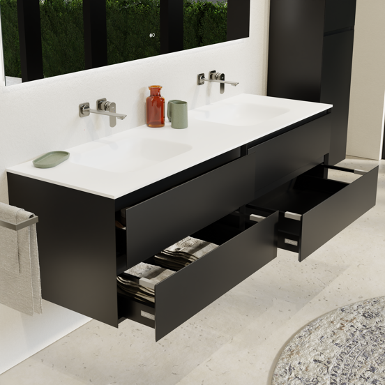 Balmani Mitra zwevend badmeubel 180 x 55 cm mat zwart met Tablo Arcato dubbele wastafel in solid surface mat wit