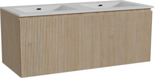 Storke Ribs meuble salle de bains suspendu 120 x 52 cm chêne brut avec Diva double vasque en marbre composite blanc brillant, Nervure droite symétrique verticale
