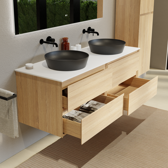 Balmani Mitra hängendes Möbelstück Set: 150 x 55 cm, Naturbelassene Eiche, mit Stretto Einzel- oder Doppel Waschtischplatte, Solid Surface Weiß matt