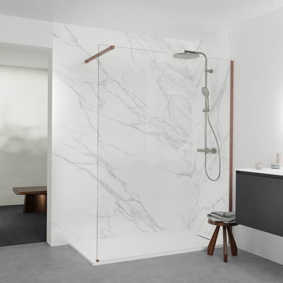 Balmani Modular Walk-In Dusche: 160 x 200 cm, Klarglas, Nussbaum Profil, Holzmotiv