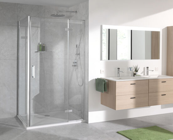 Luca Varess Nona paroi de douche avec porte pivotante et 2 parois latéraux fixes 100 x 100 cm verre transparent profil chrome brillant