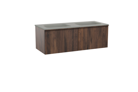 Balmani Forma zwevend badkamermeubel 135 x 55 cm amerikaanse notelaar met Tablo Strada dubbele wastafel in composietmarmer zijdegrijs, Verticale symmetrische rechte ribbel