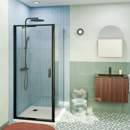 Luca Varess Vidor In Eckdusche: Drehtür und fixierte, Seitenwand, 90 x 80 cm, Klarglas, mattschwarzes Profil