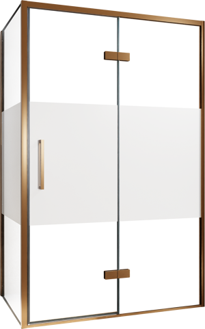 Balmani Senses Design douche en coin avec porte pivotante à droite et paroi latérale fixe, 120 x 90 cm, Verre transparent avec bande matte, Profil Brushed Rosegold, coating inclus, coating inclus