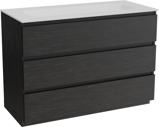 Balmani Lucida freistehendes Möbelstück Set: 120 x 55 cm, Schwarze Eiche, mit Tablo Arcato Einzelwaschtisch für 2 Armaturenlöcher, Solid Surface Weiß matt