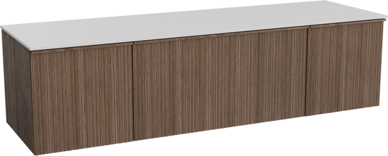 Balmani Forma hängendes Möbelstück Set: 180 x 55 cm, Amerikanischer Nussbaum, mit Stretto Einzel- oder Doppel Waschtischplatte, Solid Surface, Weiß matt, Vertikale asymmetrische Runde Rippe