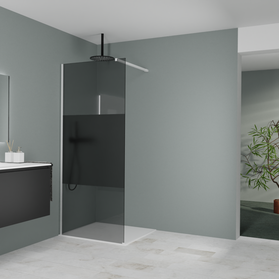 Balmani Modular inloopdouche: 90 x 200 cm, Rookglas met matte strook met coating, Mat witte profielen